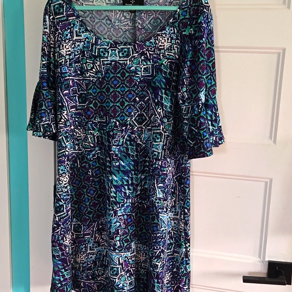 Ronni Nicole Dress Blue Green Purple Geometric Design W Bell Sleeves Sz Large
